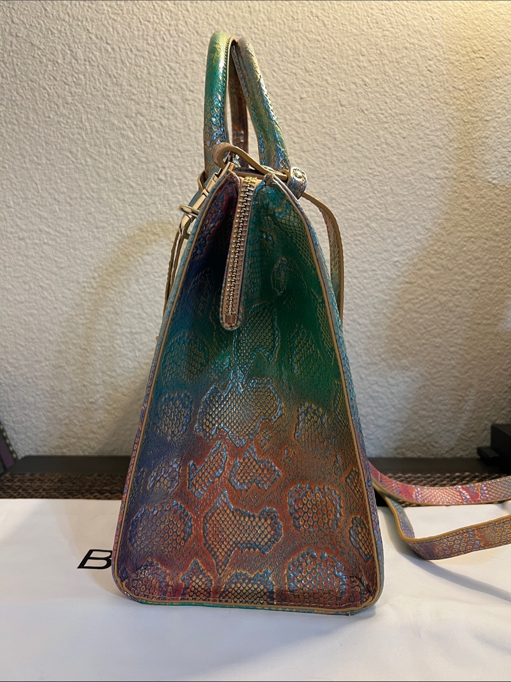 Brahmin Teal Multi Iridescent Python-Embossed Satchel with Matching Card Wallet - Picture 5 of 10